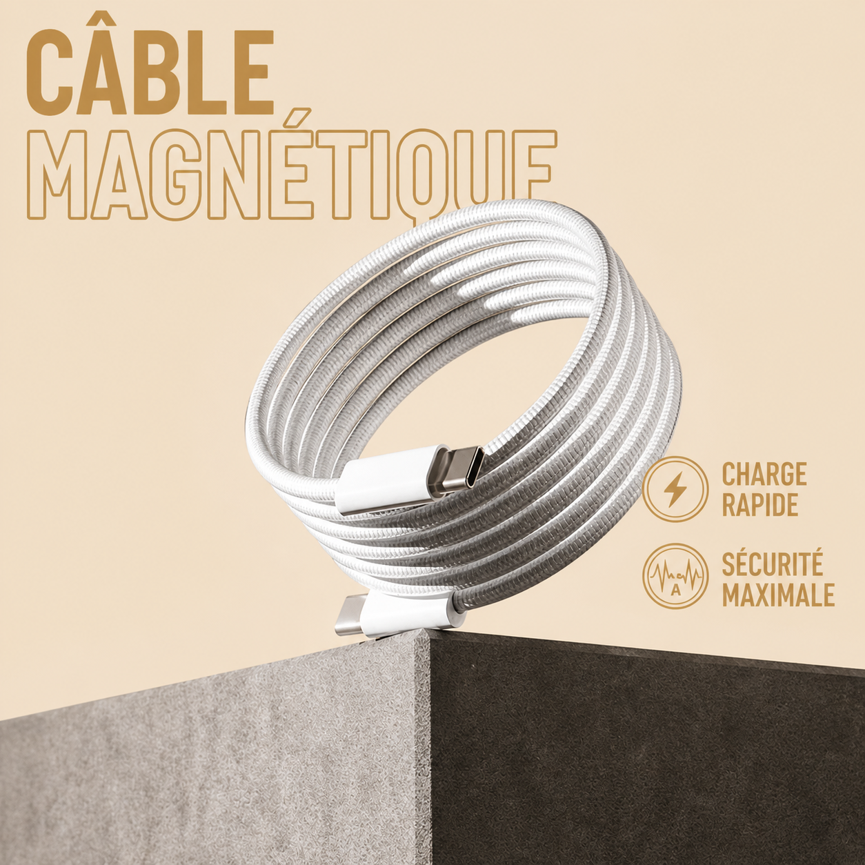 CÂBLE USB-C MAGNÉTIQUE 60W — Blanc — 1 Mètre